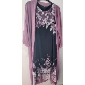 Black with Lavender Lilac Floral Sleeveless Dress and Cover - Size 1X EUC
